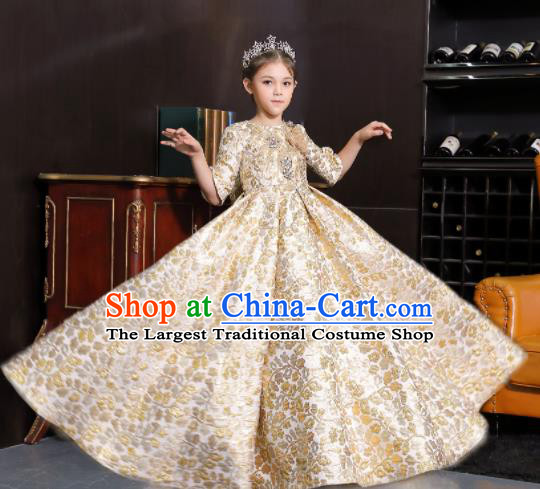 Top Grade Catwalks Court Princess Golden Dress Compere Modern Fancywork Stage Show Dance Costume for Kids