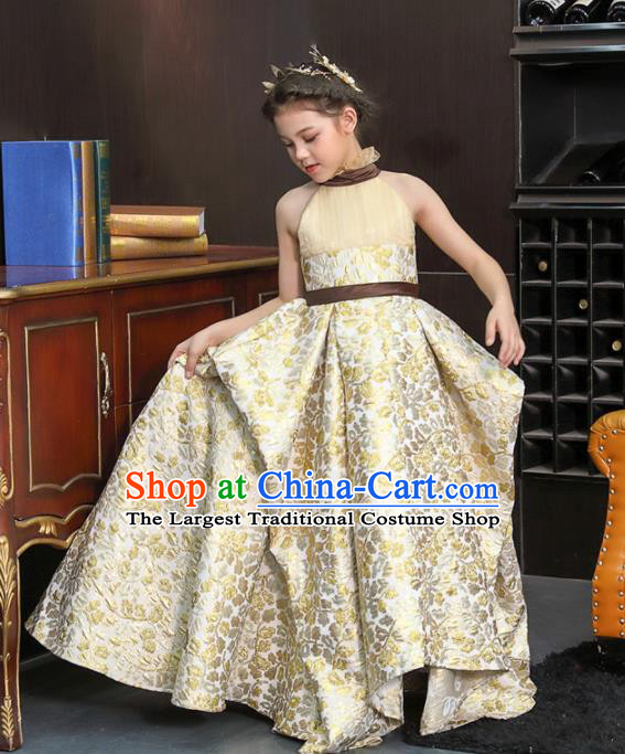 Top Grade Catwalks Court Princess Golden Dress Compere Modern Fancywork Stage Show Dance Costume for Kids