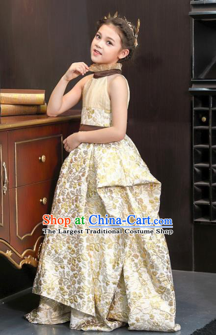 Top Grade Catwalks Court Princess Golden Dress Compere Modern Fancywork Stage Show Dance Costume for Kids