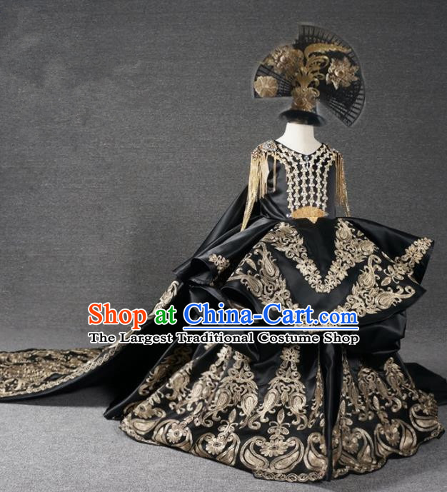 Top Grade Catwalks Court Princess Black Trailing Dress Compere Modern Fancywork Stage Show Dance Costume for Kids