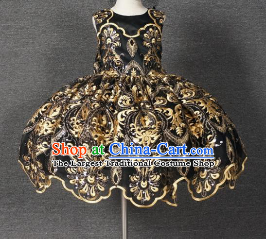 Top Grade Modern Fancywork Court Princess Embroidered Black Dress Catwalks Compere Stage Show Dance Costume for Kids