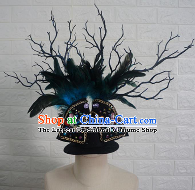 Top Grade Handmade Stage Show Hair Accessories Halloween Cosplay Green Feather Top Hat Headwear for Kids