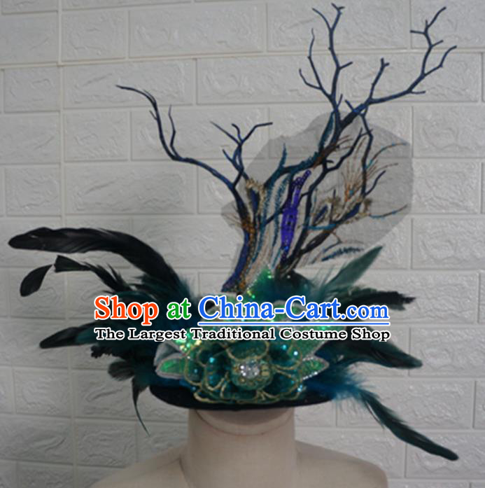 Top Grade Handmade Stage Show Branch Hair Accessories Halloween Cosplay Green Feather Top Hat Headwear for Kids