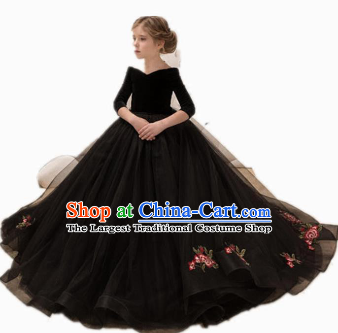Top Grade Catwalks Stage Show Embroidered Black Dress Modern Fancywork Compere Court Princess Dance Costume for Kids