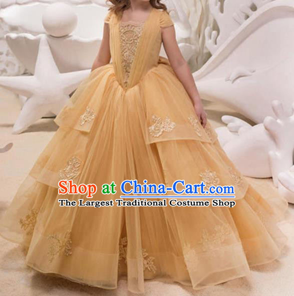 Top Grade Catwalks Stage Show Yellow Veil Dress Modern Fancywork Compere Court Princess Dance Costume for Kids