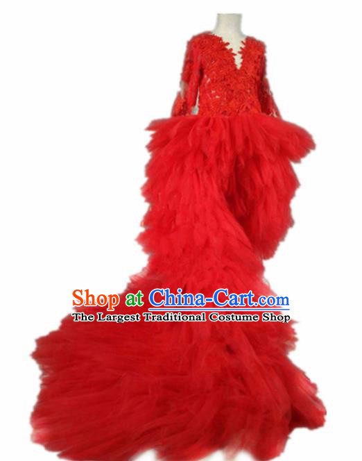 Top Grade Catwalks Stage Show Red Veil Trailing Dress Modern Fancywork Compere Court Princess Dance Costume for Kids