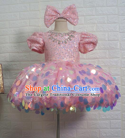 Top Grade Stage Show Costume Catwalks Princess Pink Paillette Bubble Full Dress for Kids