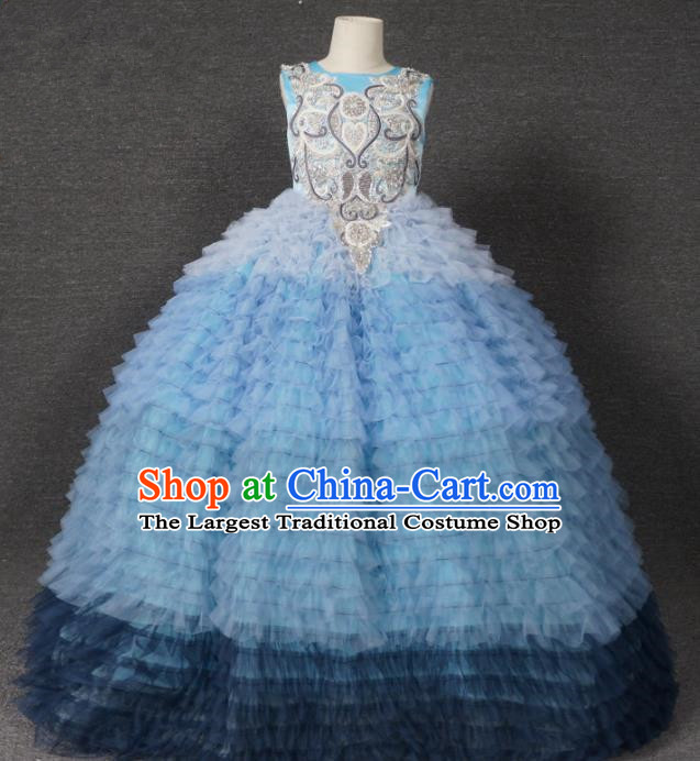 Top Grade Catwalks Court Princess Blue Veil Dress Compere Modern Fancywork Stage Show Dance Costume for Kids