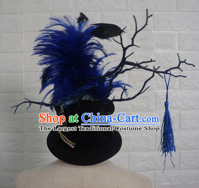 Top Grade Handmade Stage Show Blue Feather Hair Accessories Halloween Cosplay Top Hat Headwear for Kids