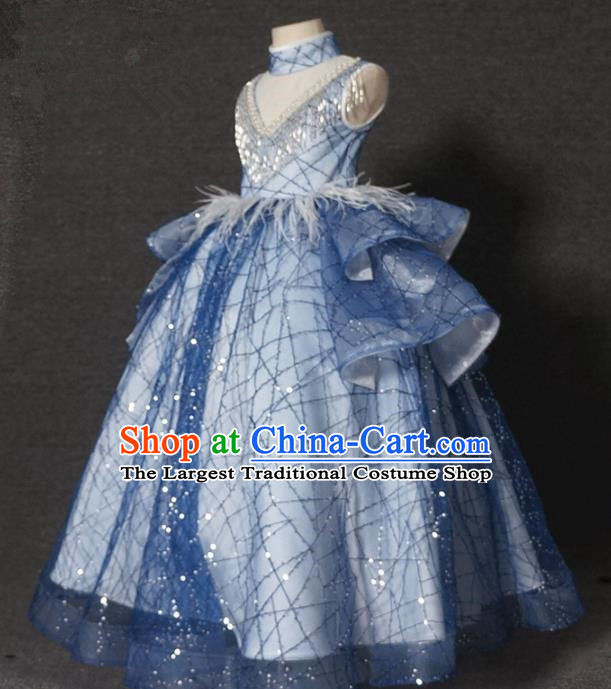 Top Grade Stage Show Dance Compere Blue Veil Full Dress Catwalks Court Princess Costume for Kids