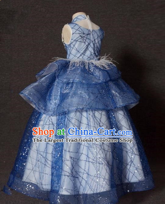 Top Grade Stage Show Dance Compere Blue Veil Full Dress Catwalks Court Princess Costume for Kids