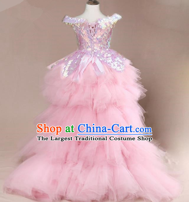 Top Grade Stage Show Dance Compere Pink Veil Trailing Full Dress Catwalks Court Princess Costume for Kids