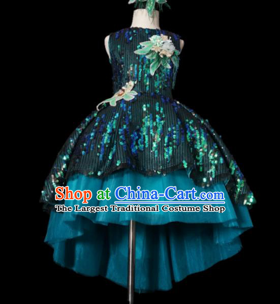 Top Grade Modern Fancywork Compere Green Paillette Dress Catwalks Court Princess Stage Show Dance Costume for Kids