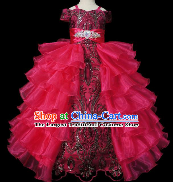 Top Grade Modern Fancywork Compere Rosy Long Dress Catwalks Court Princess Stage Show Dance Costume for Kids