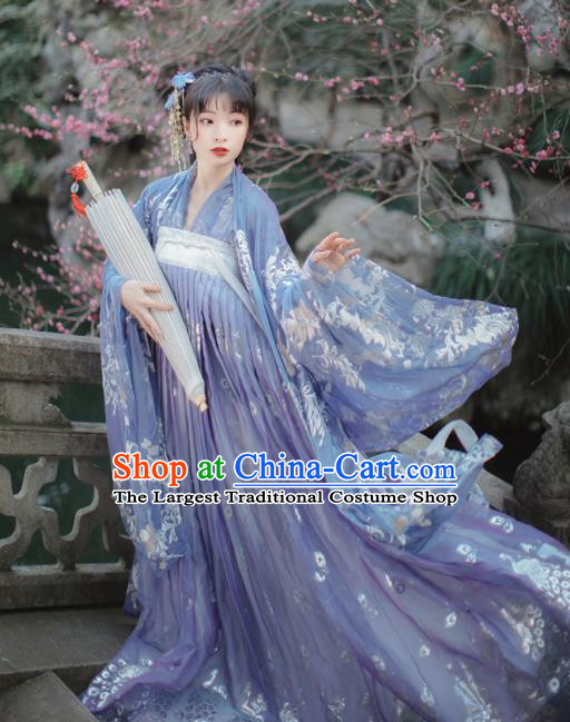 Traditional Chinese Tang Dynasty Palace Princess Historical Costume Traditional Ancient Peri Goddess Blue Hanfu Dress for Women