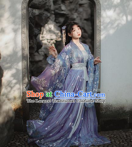 Traditional Chinese Tang Dynasty Palace Princess Historical Costume Traditional Ancient Peri Goddess Blue Hanfu Dress for Women