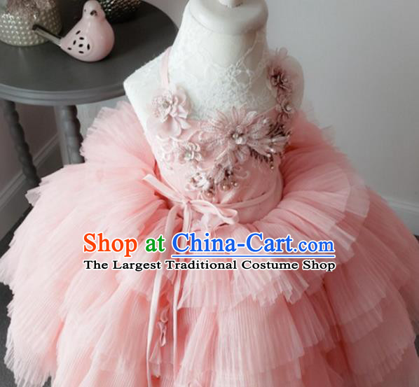 Top Grade Modern Fancywork Court Princess Compere Pink Dress Catwalks Stage Show Dance Costume for Kids
