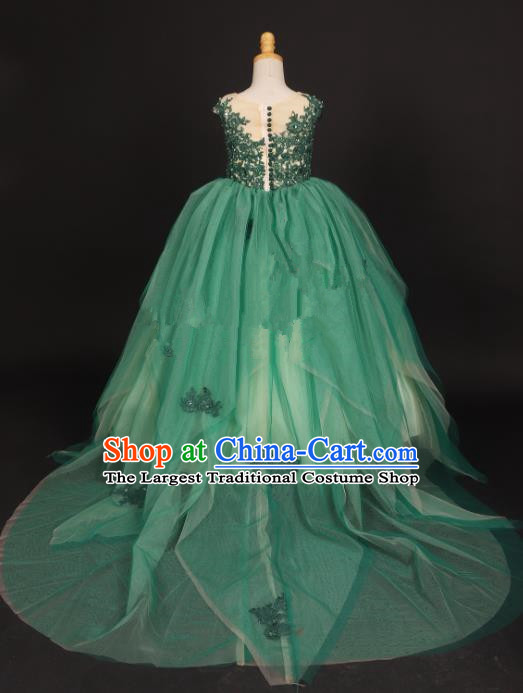 Professional Girls Compere Green Veil Trailing Full Dress Modern Fancywork Catwalks Stage Show Costume for Kids