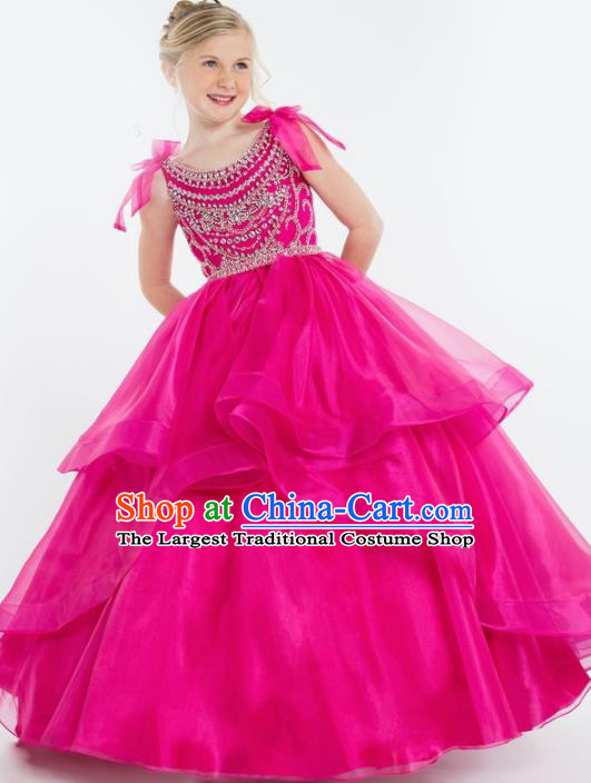 Professional Girls Compere Crystal Rosy Full Dress Modern Fancywork Catwalks Stage Show Costume for Kids