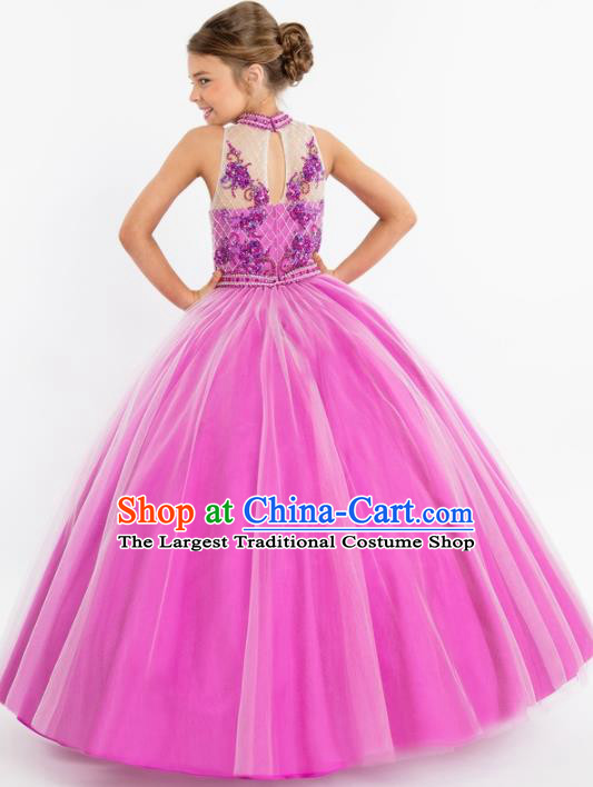 Professional Girls Compere Rosy Veil Long Full Dress Modern Fancywork Catwalks Stage Show Costume for Kids