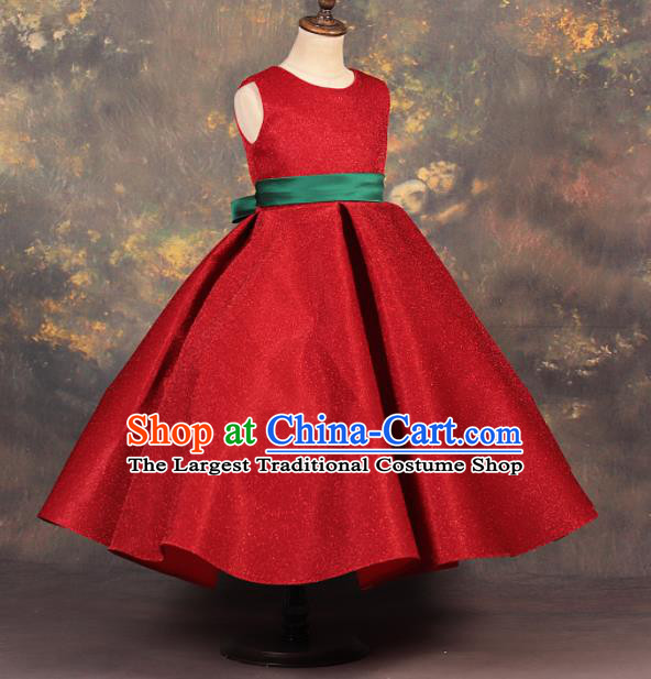 Professional Catwalks Stage Show Dance Red Dress Modern Fancywork Compere Court Princess Costume for Kids