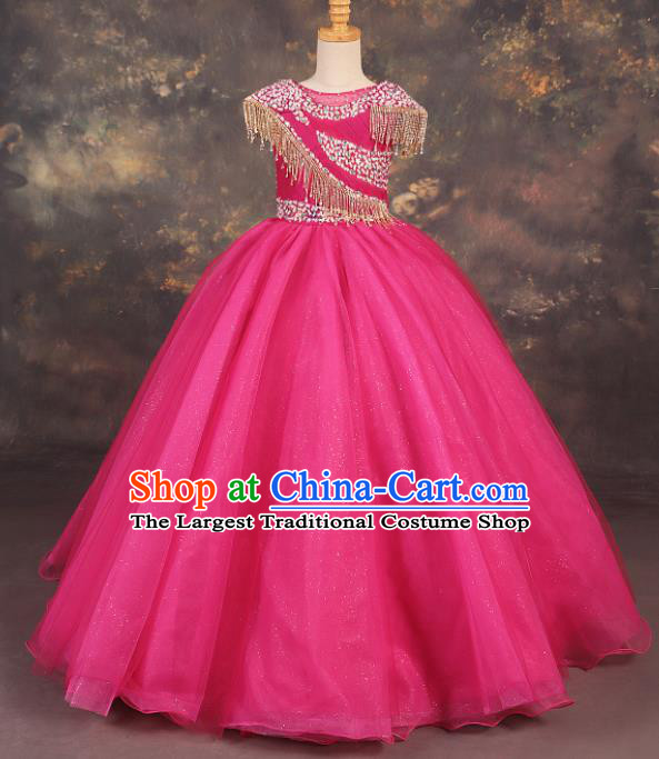 Professional Catwalks Stage Show Dance Rosy Veil Long Dress Modern Fancywork Compere Court Princess Costume for Kids