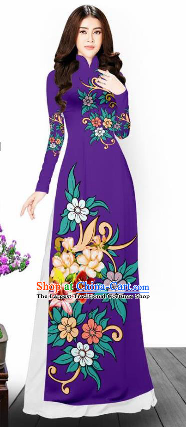 Asian Vietnam Traditional Printing Flowers Purple Aodai Cheongsam Vietnamese Bride Classical Qipao Dress for Women