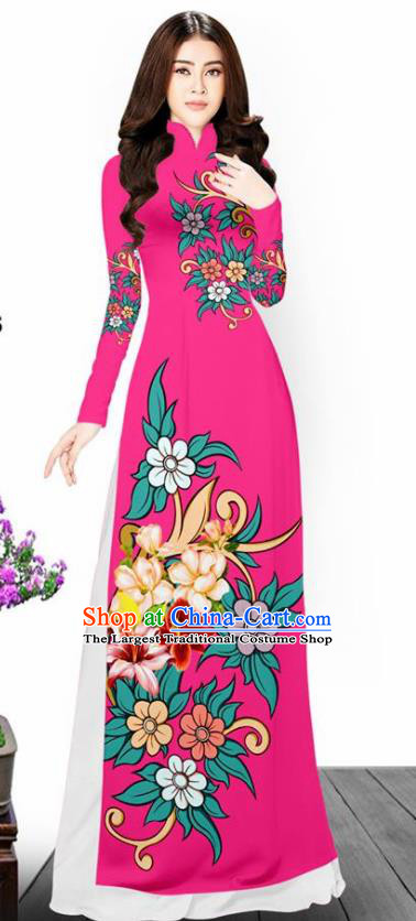 Asian Vietnam Traditional Printing Flowers Rosy Aodai Cheongsam Vietnamese Bride Classical Qipao Dress for Women