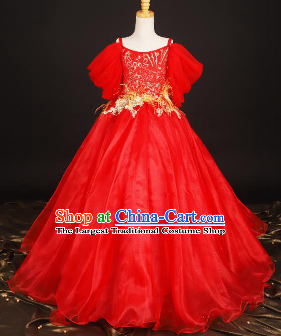 Professional Girls Compere Waltz Dance Red Full Dress Modern Fancywork Catwalks Stage Show Costume for Kids