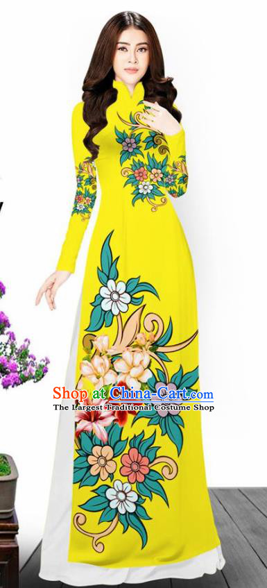 Asian Vietnam Traditional Printing Flowers Yellow Aodai Cheongsam Vietnamese Bride Classical Qipao Dress for Women