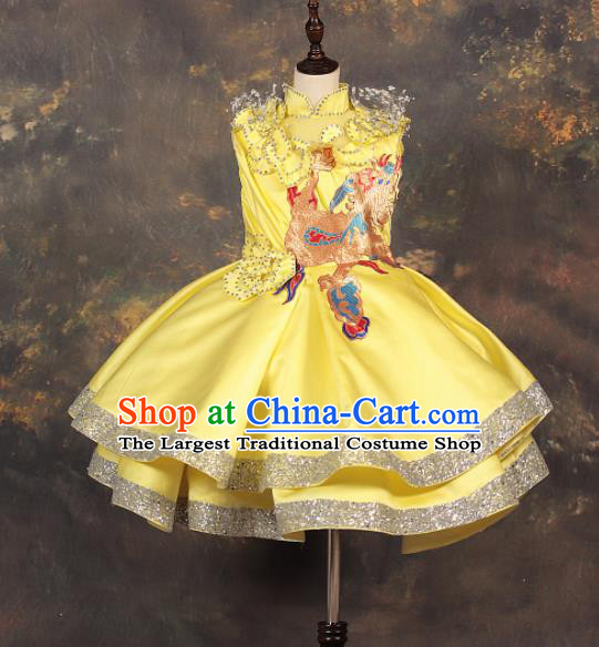 Chinese Stage Performance Catwalks Embroidered Yellow Full Dress Modern Fancywork Dance Costume for Kids
