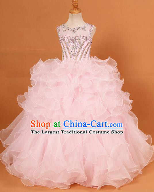 Professional Girls Compere Waltz Dance Pink Full Dress Modern Fancywork Catwalks Stage Show Costume for Kids