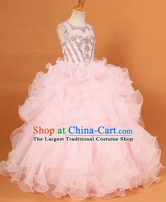 Professional Girls Compere Waltz Dance Pink Full Dress Modern Fancywork Catwalks Stage Show Costume for Kids