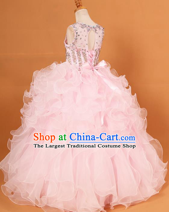 Professional Girls Compere Waltz Dance Pink Full Dress Modern Fancywork Catwalks Stage Show Costume for Kids