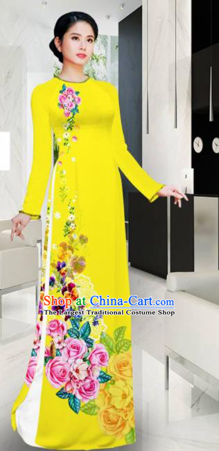 Asian Vietnam Printing Roses Yellow Aodai Cheongsam Traditional Costume Vietnamese Bride Classical Qipao Dress for Women