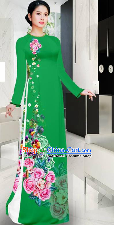 Asian Vietnam Printing Roses Green Aodai Cheongsam Traditional Costume Vietnamese Bride Classical Qipao Dress for Women