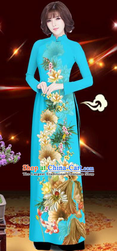 Asian Vietnam Printing Lotus Blue Aodai Cheongsam Traditional Costume Vietnamese Bride Classical Qipao Dress for Women