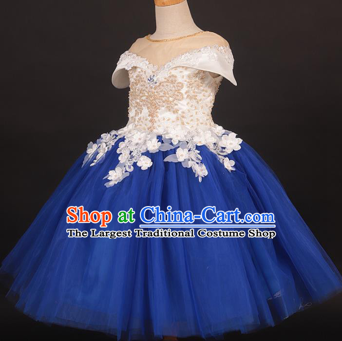 Professional Catwalks Stage Show Dance Blue Veil Dress Modern Fancywork Compere Court Princess Costume for Kids