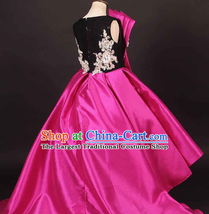Professional Catwalks Stage Show Dance Rosy Satin Trailing Dress Modern Fancywork Compere Court Princess Costume for Kids