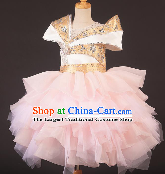 Professional Girls Catwalks Stage Show Dance Pink Bubble Dress Modern Fancywork Compere Court Princess Costume for Kids