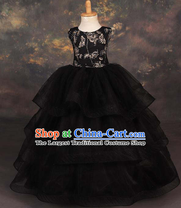 Professional Girls Catwalks Stage Show Dance Black Veil Dress Modern Fancywork Compere Court Princess Costume for Kids