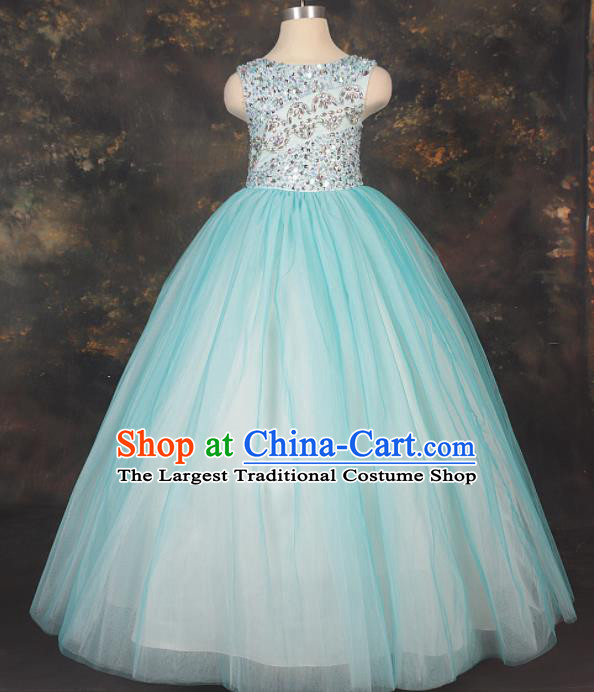 Professional Girls Catwalks Stage Show Dance Blue Veil Dress Modern Fancywork Compere Court Princess Costume for Kids
