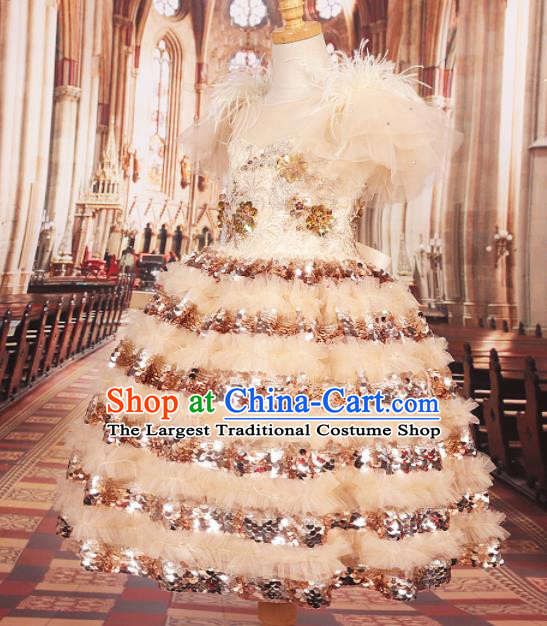Professional Girls Catwalks Stage Show Dance Layered Dress Modern Fancywork Compere Court Princess Costume for Kids