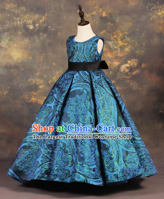 Professional Catwalks Stage Show Dance Blue Dress Modern Fancywork Compere Court Princess Costume for Kids