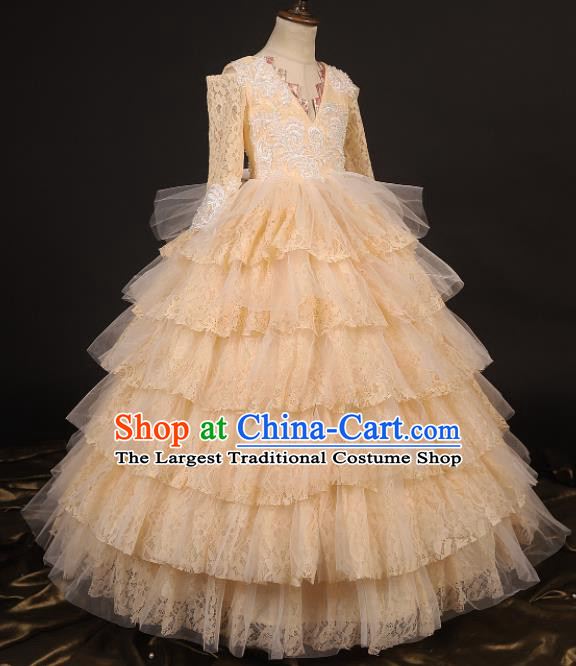 Professional Girls Catwalks Waltz Dance Champagne Lace Dress Modern Fancywork Compere Stage Show Costume for Kids