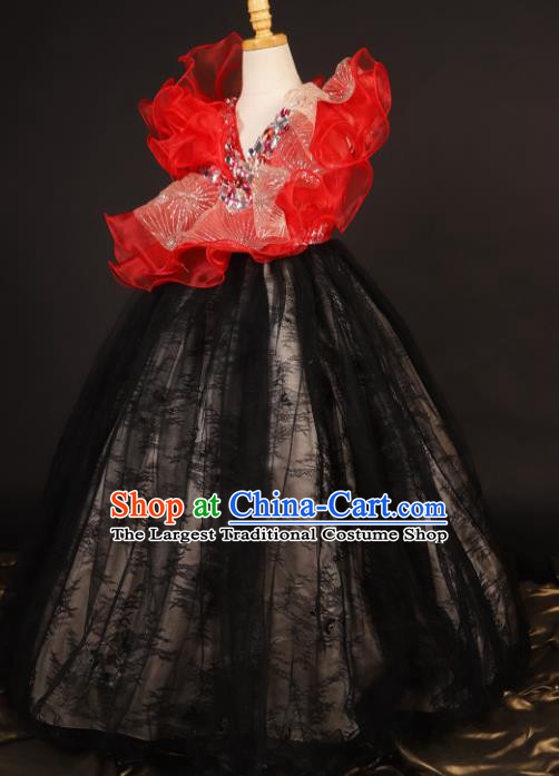 Professional Girls Catwalks Waltz Dance Black Veil Dress Modern Fancywork Compere Stage Show Costume for Kids