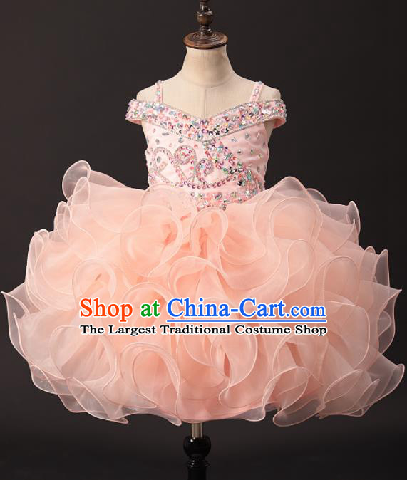 Professional Girls Catwalks Diamante Pink Dress Modern Fancywork Compere Stage Show Costume for Kids
