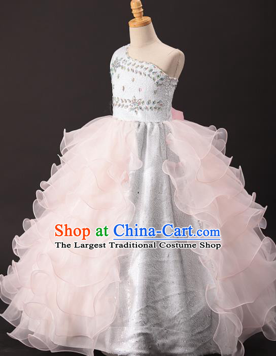 Professional Girls Catwalks Modern Fancywork Pink Veil Long Dress Compere Stage Show Costume for Kids
