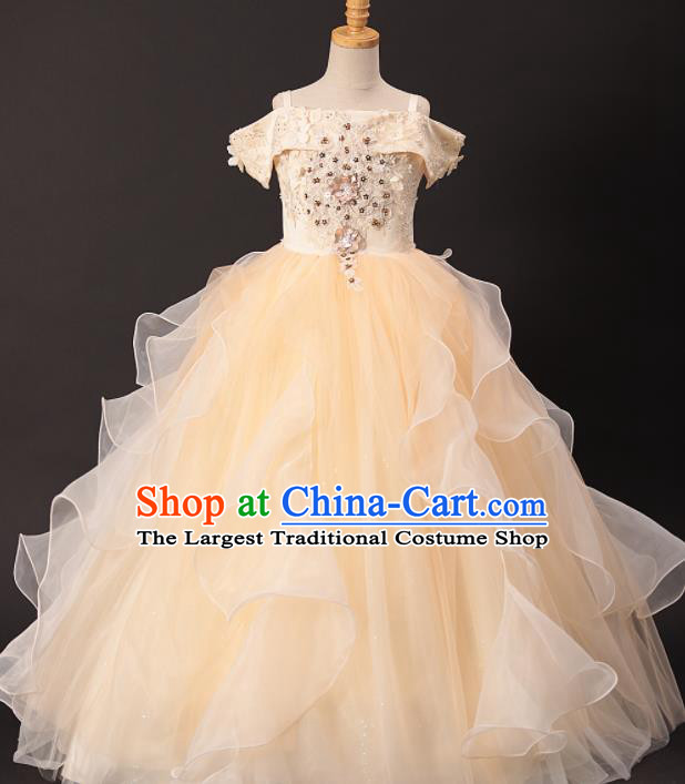 Professional Girls Catwalks Modern Fancywork Yellow Veil Dress Compere Stage Show Costume for Kids