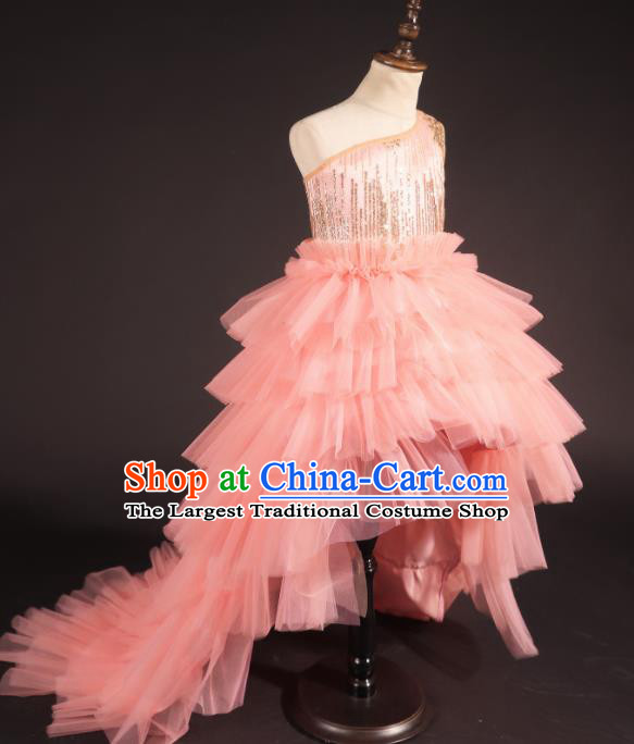 Professional Girls Modern Fancywork Pink Veil Trailing Dress Catwalks Compere Stage Show Costume for Kids